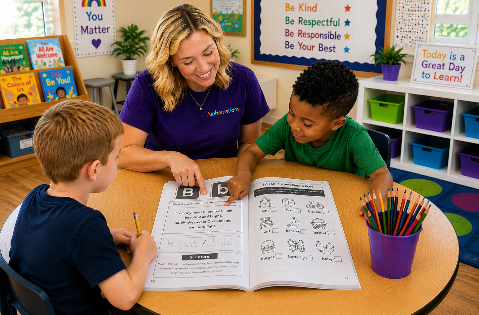 Children engaged in a positive learning environment that encourages literacy, confidence, collaboration, and joyful learning through Alphamations™ resources.