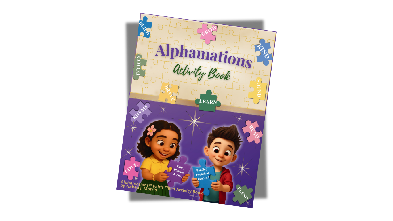 Alphamations™ Faith-Filled Activity Book featuring Christian affirmations, alphabet activities, phonological awareness, and foundational literacy skills for young learners.