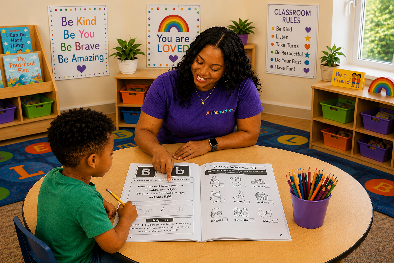Children engaged in a positive learning environment that encourages literacy, confidence, collaboration, and joyful learning through Alphamations™ resources.